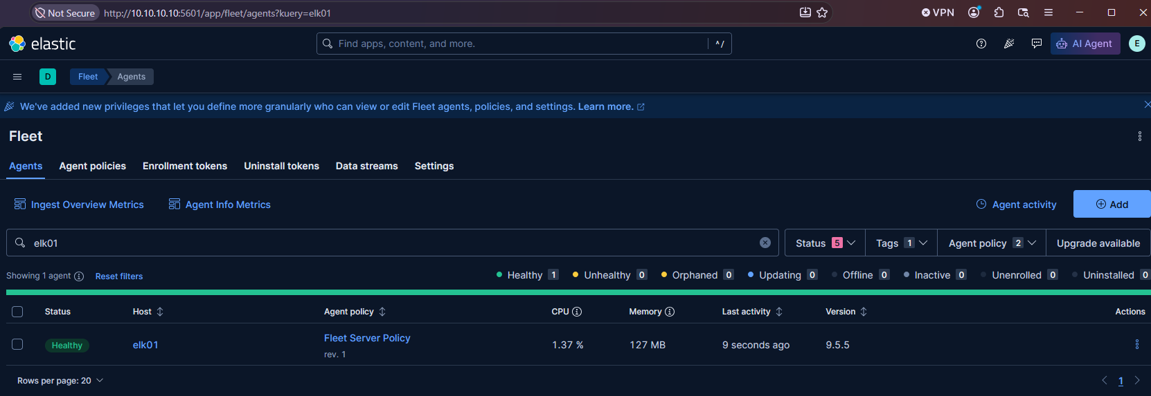 Figure 10: Healthy Fleet Server on ELK01