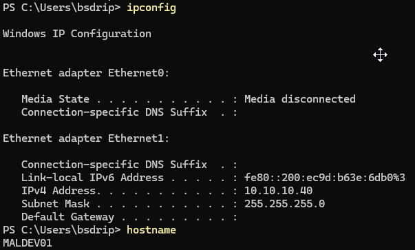 Figure 5: IP configuration and hostname on MALDEV01