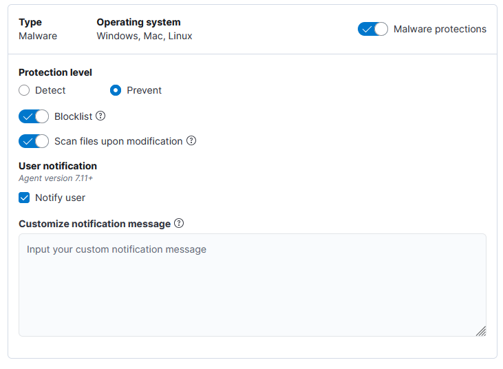 Figure 11: Malware protection set to Prevent