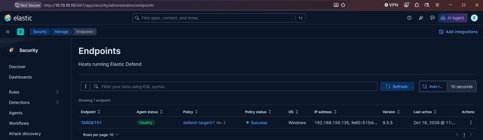 Figure 14: TARGET01 healthy in Security > Endpoints