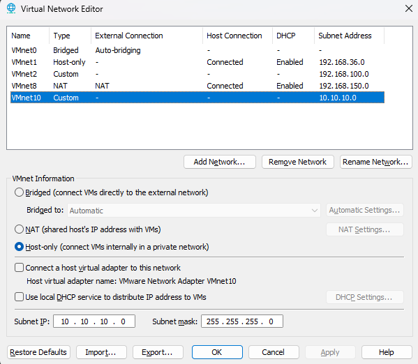Figure 2: Virtual Network Editor settings